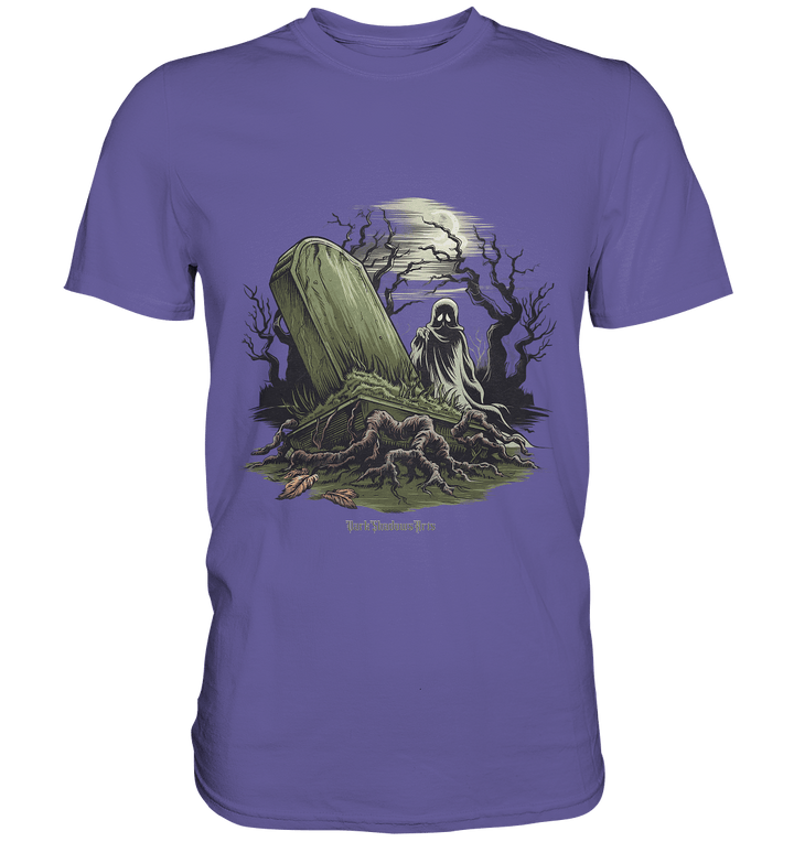 Düsterer Friedhof bei Nacht - Geist vor verfallenem Grabstein in mystischer Atmosphäre - Premium Shirt | Unisex - Shirts | Dark Shadows Arts
