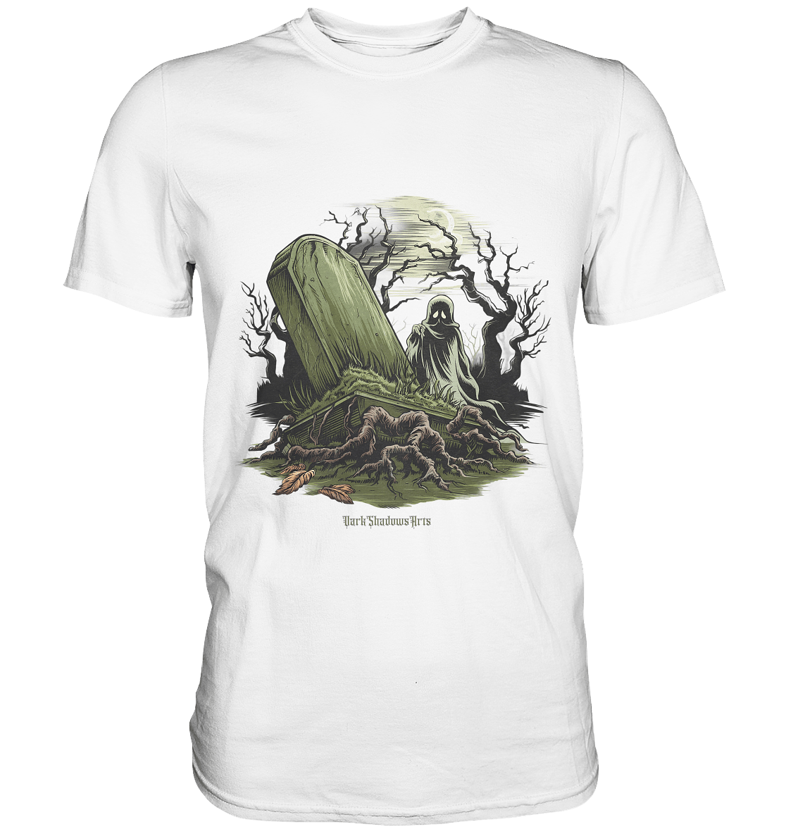 Düsterer Friedhof bei Nacht - Geist vor verfallenem Grabstein in mystischer Atmosphäre - Premium Shirt | Unisex - Shirts | Dark Shadows Arts