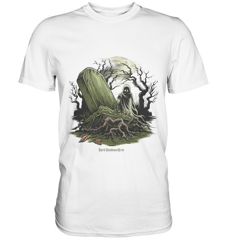 Düsterer Friedhof bei Nacht - Geist vor verfallenem Grabstein in mystischer Atmosphäre - Premium Shirt | Unisex - Shirts | Dark Shadows Arts
