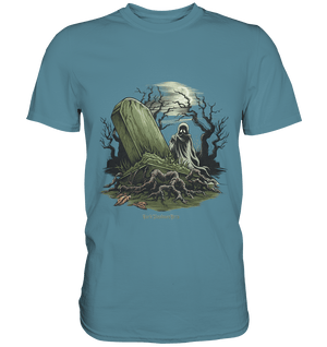Düsterer Friedhof bei Nacht - Geist vor verfallenem Grabstein in mystischer Atmosphäre - Premium Shirt | Unisex - Shirts | Dark Shadows Arts