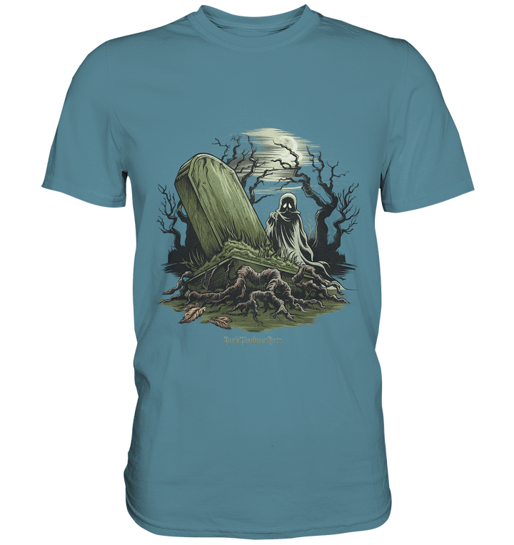 Düsterer Friedhof bei Nacht - Geist vor verfallenem Grabstein in mystischer Atmosphäre - Premium Shirt | Unisex - Shirts | Dark Shadows Arts