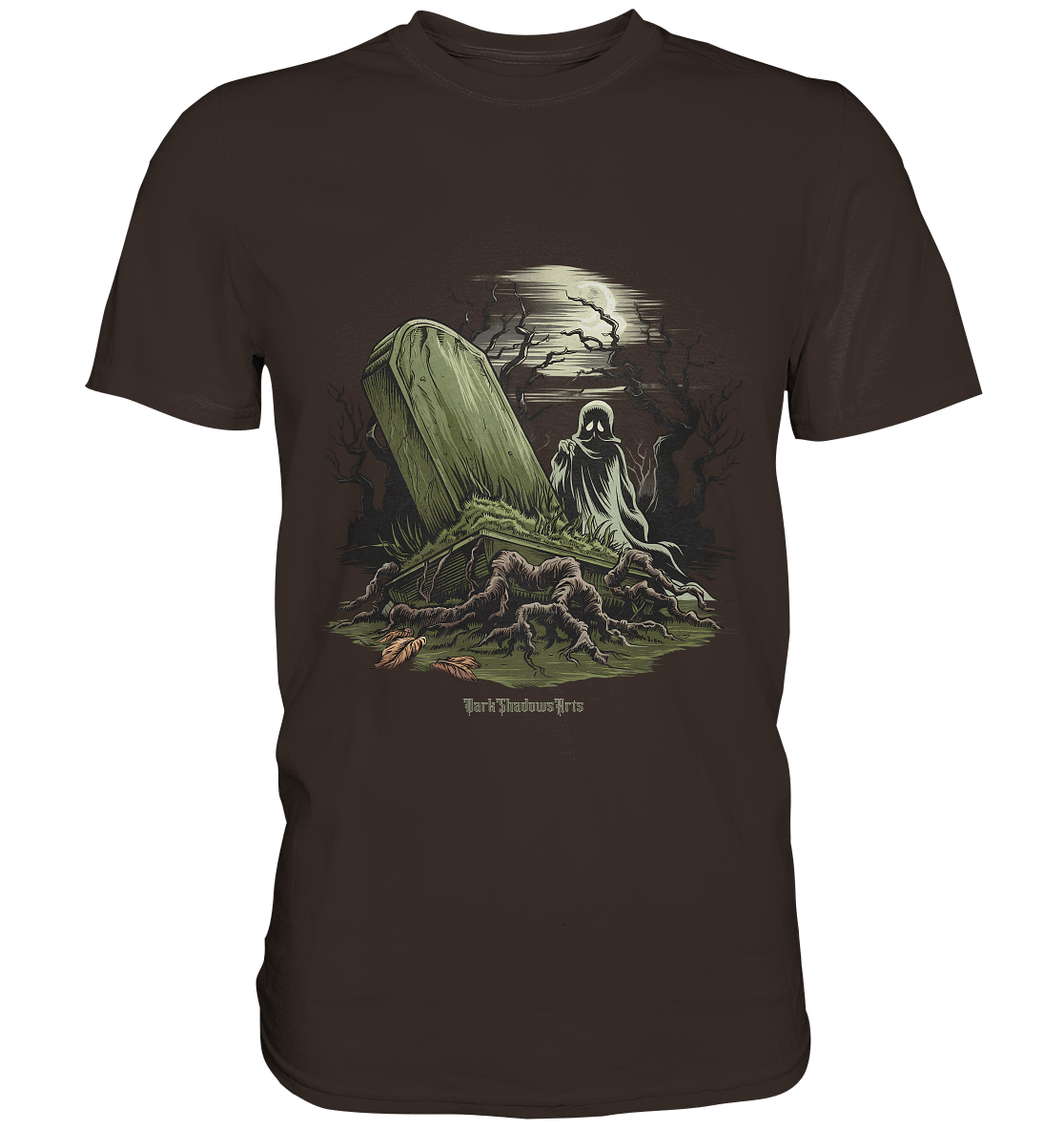 Düsterer Friedhof bei Nacht - Geist vor verfallenem Grabstein in mystischer Atmosphäre - Premium Shirt | Unisex - Shirts | Dark Shadows Arts