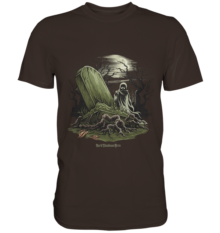 Düsterer Friedhof bei Nacht - Geist vor verfallenem Grabstein in mystischer Atmosphäre - Premium Shirt | Unisex - Shirts | Dark Shadows Arts