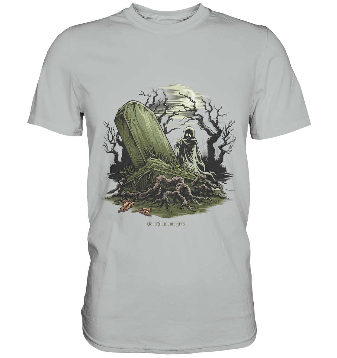 Düsterer Friedhof bei Nacht - Geist vor verfallenem Grabstein in mystischer Atmosphäre - Premium Shirt | Unisex - Shirts | Dark Shadows Arts