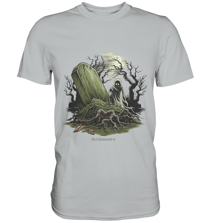 Düsterer Friedhof bei Nacht - Geist vor verfallenem Grabstein in mystischer Atmosphäre - Premium Shirt | Unisex - Shirts | Dark Shadows Arts