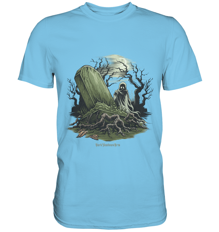 Düsterer Friedhof bei Nacht - Geist vor verfallenem Grabstein in mystischer Atmosphäre - Premium Shirt | Unisex - Shirts | Dark Shadows Arts