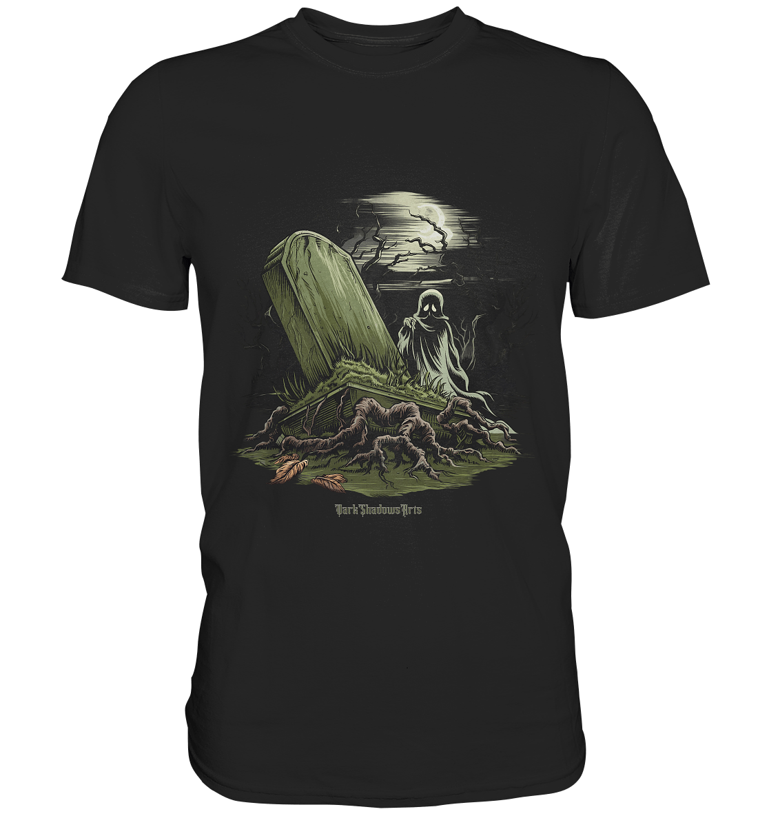 Düsterer Friedhof bei Nacht - Geist vor verfallenem Grabstein in mystischer Atmosphäre - Premium Shirt | Unisex - Shirts | Dark Shadows Arts