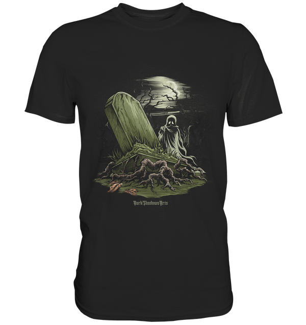 Düsterer Friedhof bei Nacht - Geist vor verfallenem Grabstein in mystischer Atmosphäre - Premium Shirt | Unisex - Shirts | Dark Shadows Arts