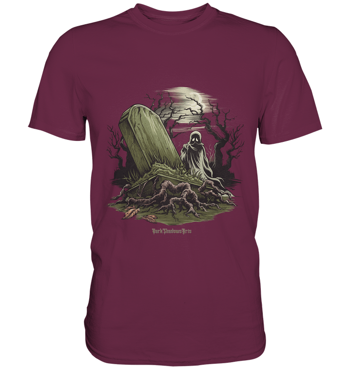 Düsterer Friedhof bei Nacht - Geist vor verfallenem Grabstein in mystischer Atmosphäre - Premium Shirt | Unisex - Shirts | Dark Shadows Arts