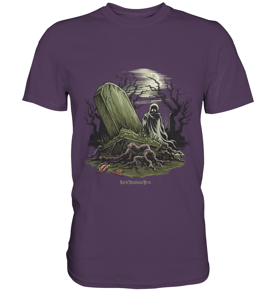 Düsterer Friedhof bei Nacht - Geist vor verfallenem Grabstein in mystischer Atmosphäre - Premium Shirt | Unisex - Shirts | Dark Shadows Arts