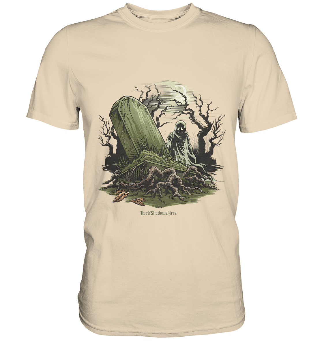 Düsterer Friedhof bei Nacht - Geist vor verfallenem Grabstein in mystischer Atmosphäre - Premium Shirt | Unisex - Shirts | Dark Shadows Arts