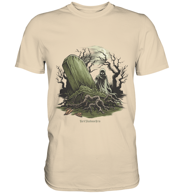 Düsterer Friedhof bei Nacht - Geist vor verfallenem Grabstein in mystischer Atmosphäre - Premium Shirt | Unisex - Shirts | Dark Shadows Arts