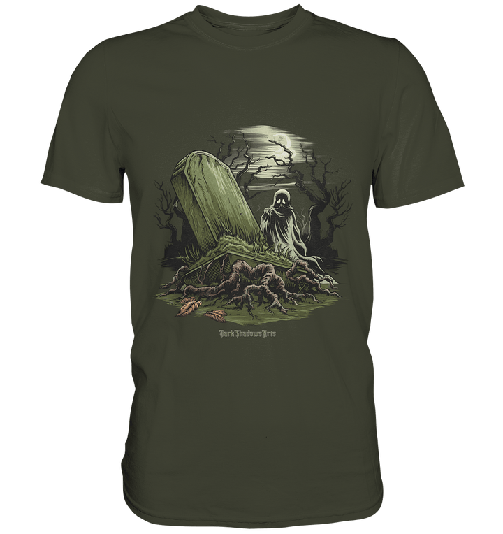 Düsterer Friedhof bei Nacht - Geist vor verfallenem Grabstein in mystischer Atmosphäre - Premium Shirt | Unisex - Shirts | Dark Shadows Arts