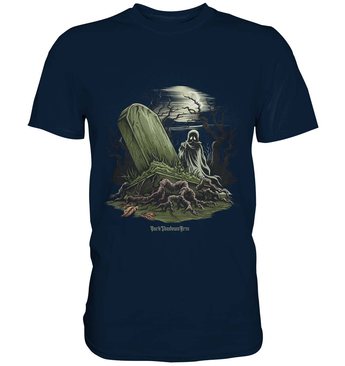 Düsterer Friedhof bei Nacht - Geist vor verfallenem Grabstein in mystischer Atmosphäre - Premium Shirt | Unisex - Shirts | Dark Shadows Arts