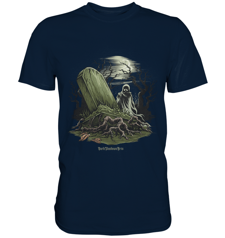 Düsterer Friedhof bei Nacht - Geist vor verfallenem Grabstein in mystischer Atmosphäre - Premium Shirt | Unisex - Shirts | Dark Shadows Arts