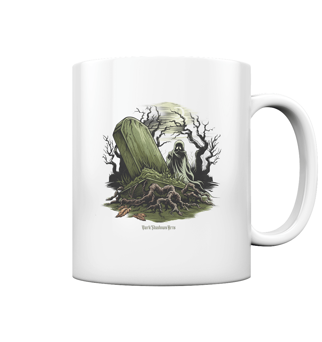 Düsterer Friedhof bei Nacht - Geist vor verfallenem Grabstein in mystischer Atmosphäre - Tasse glossy | Trinkgefäße | Dark Shadows Arts