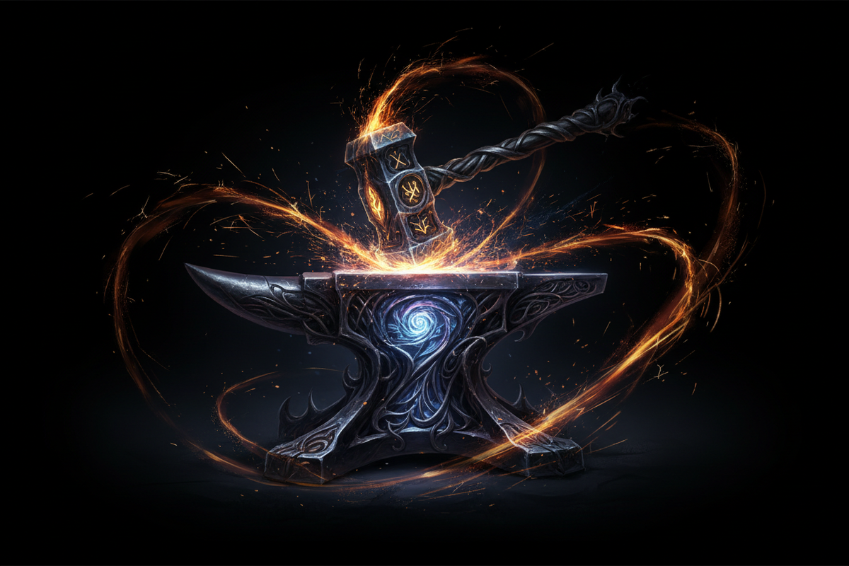 Ein mystischer Amboss oder ein ny stischer Hammer mit Funken auf schwarzen Hintergrund