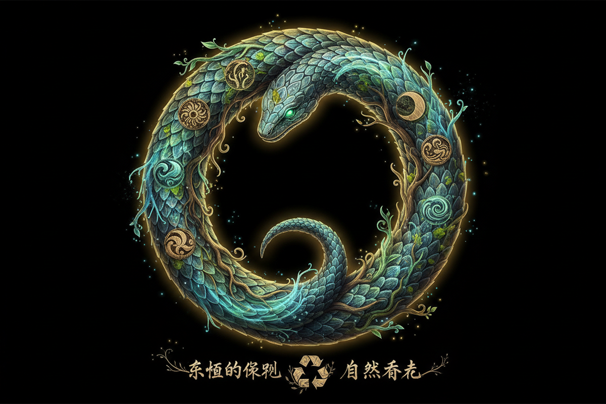 ein mystischer Ouroboros (Schlange, die sich in den Schwanz beißt) der den Kreislauf der Natur (Recycling) symbolisiert. auf schwarzen Hintergrund