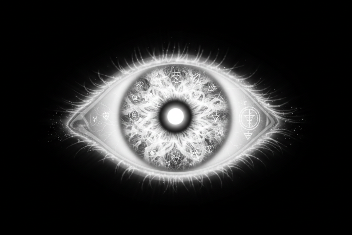 ein mystisches weißes auge auf schwarzem hintergrund