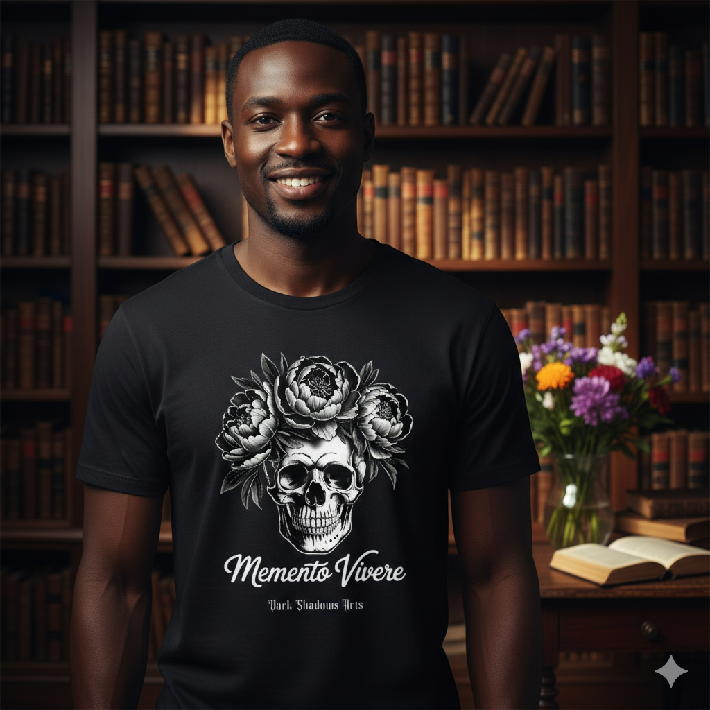 Schwarzes Premium T-Shirt mit detailliertem Totenkopf und Blumenkranz unter dem Schriftzug Memento Vivere von DSA