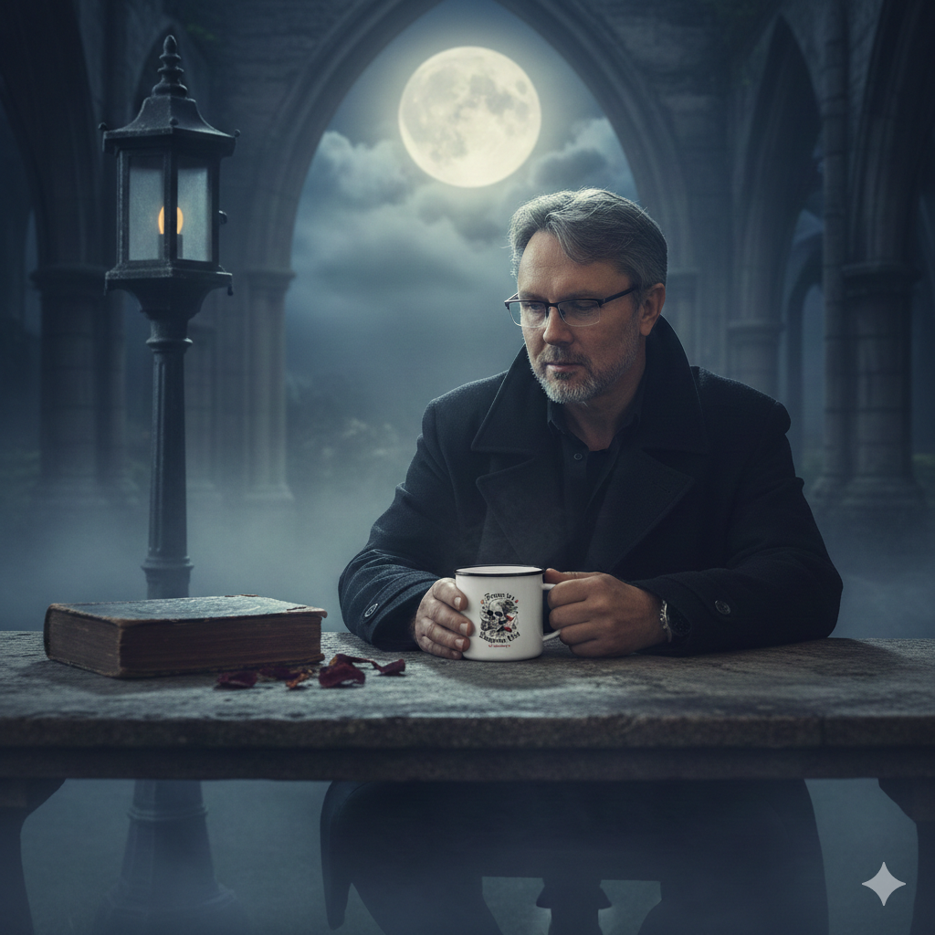 Ein Mann trinkt aus einer weißen Emaille-Tasse mit Gothic-Totenkopf-Design in alten Klosterruinen unter einem Vollmond. Bild-Caption: "Ein Schluck Melancholie im Mondlicht."