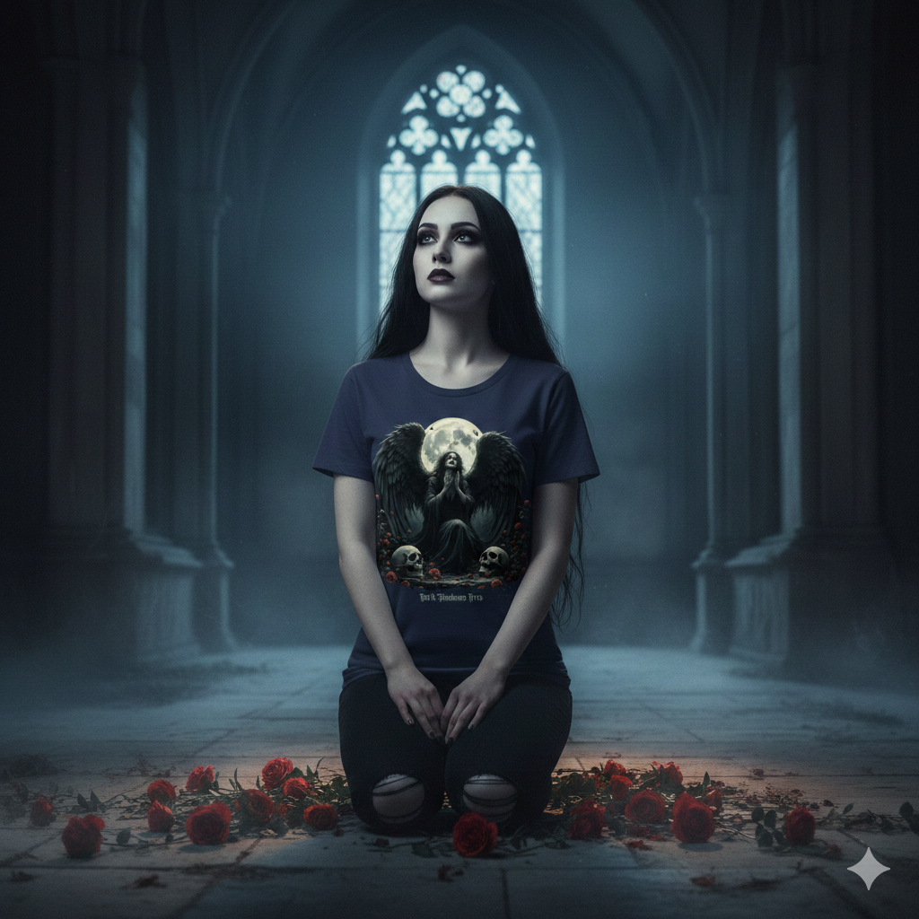 Schwarzes T-Shirt mit einem sitzenden schwarzen Engel, Vollmond und Totenschädeln von Dark Shadows Arts