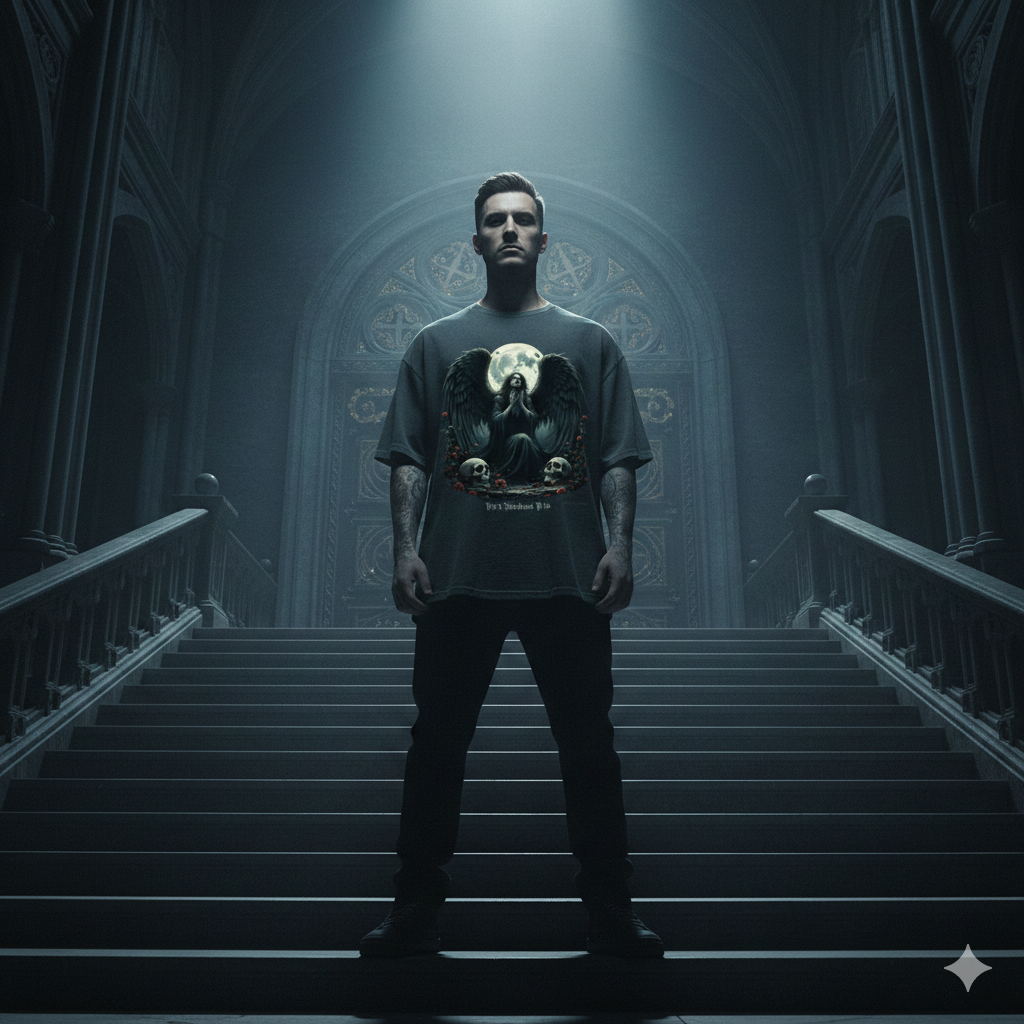 Schwarzes schweres Oversized T-Shirt mit großem Engel-Mond-Motiv und Totenschädeln von Dark Shadows Arts.