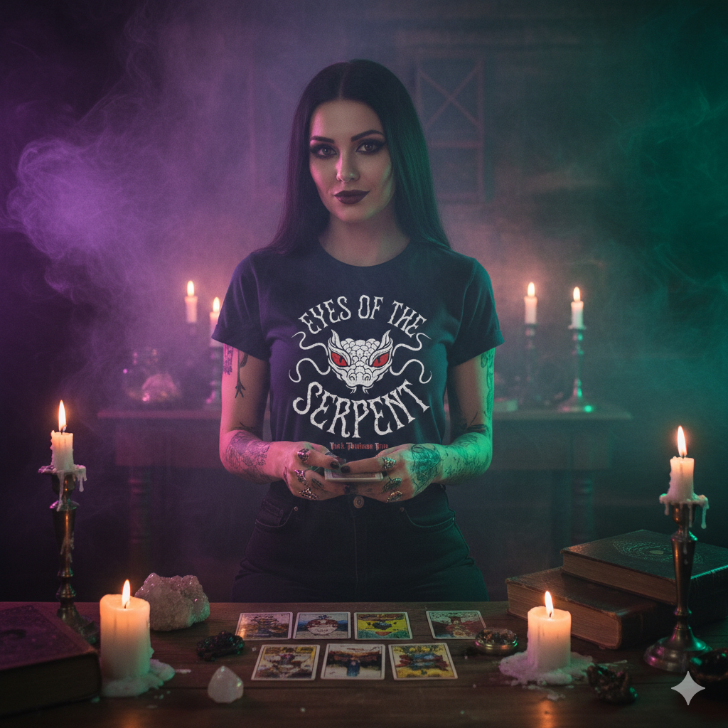 Ein mystisch gestyltes Goth-Model am Kerzenschein-Altar trägt das exklusive "Eyes of the Serpent" Premium Classix T-Shirt mit okkultem Schlangen-Motiv. Magische Gothic und Witchy Mode von Dark Shadows Arts