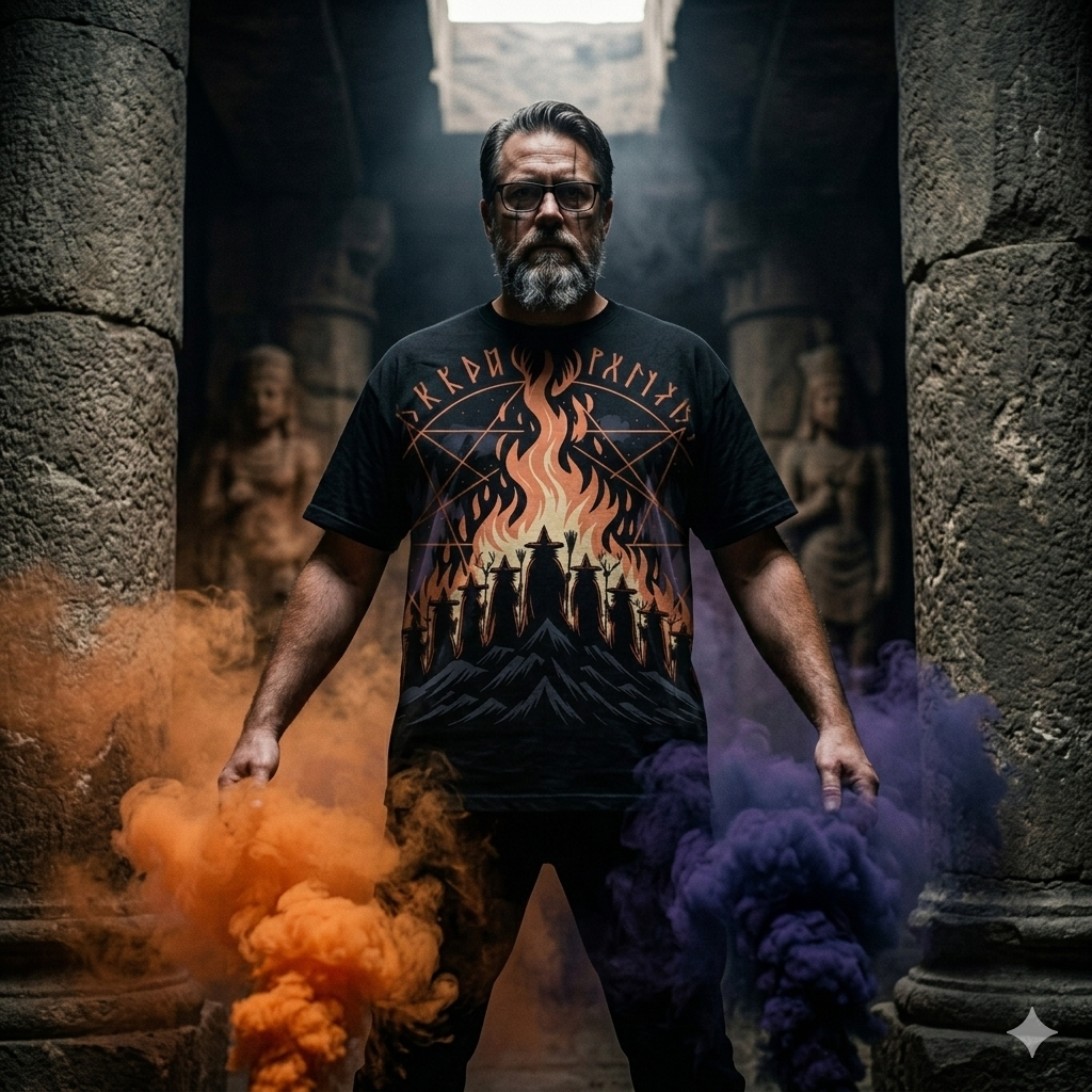 Monumentales okkultes Design auf einem schwarzen Oversized Shirt: Ein Hexenzirkel versammelt vor einer gewaltigen Flamme mit Pentagramm und Fledermausflügeln