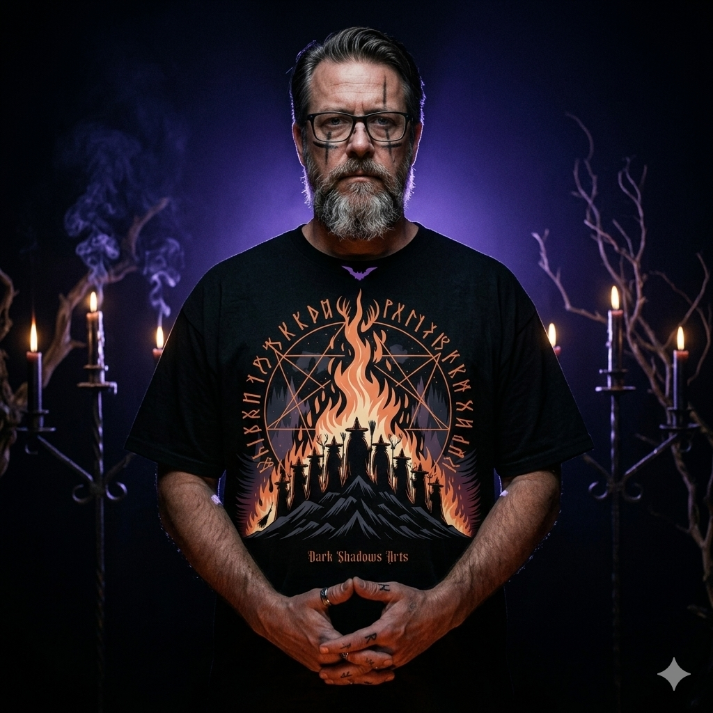 Okkultes T-Shirt Design: Hexenzirkel in einer Reihe vor einer riesigen rituellen Flamme auf dem Brocken mit Pentagramm im Hintergrund