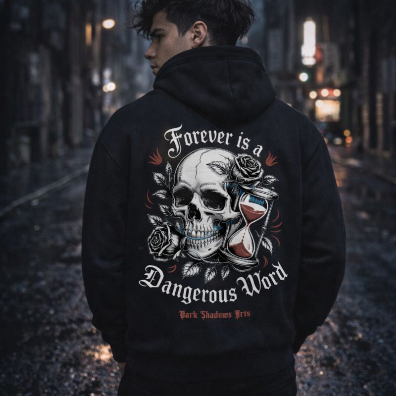 Schwarzer Premium Hoodie mit kleinem Gothic Totenkopf-Motiv und Sanduhr auf der Brust, Dark Romance Design von Dark Shadows Arts