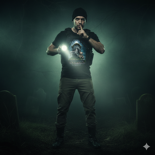 Ein Gothic-Model im Ghost-Hunter-Look steht nachts mit Taschenlampe auf einem Friedhof und trägt das "Forgotten Childhood" Premium Classix T-Shirt, inspiriert von den Geisterakten. Paranormale Mode von Dark Shadows Arts
