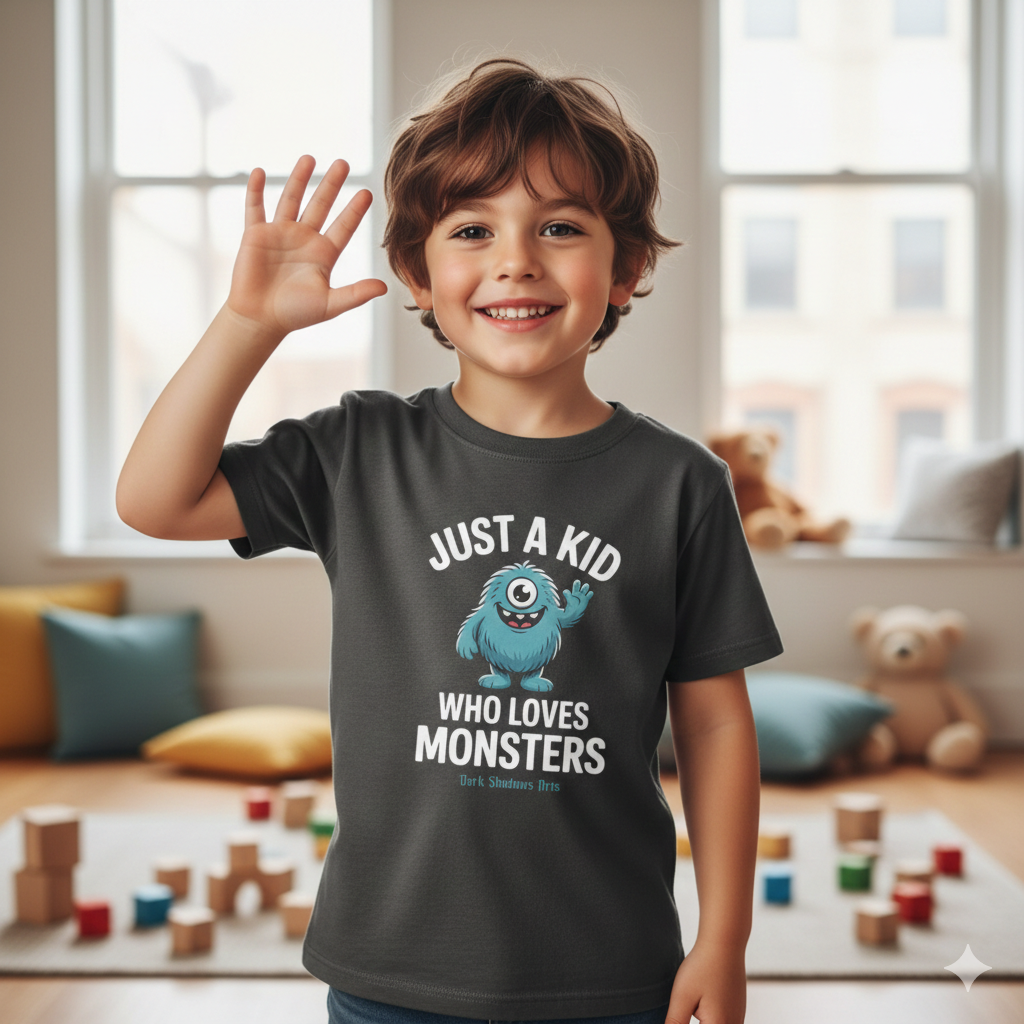 Ein lachendes Kind trägt das Monster-Shirt von Dark Shadows Arts beim Spielen.