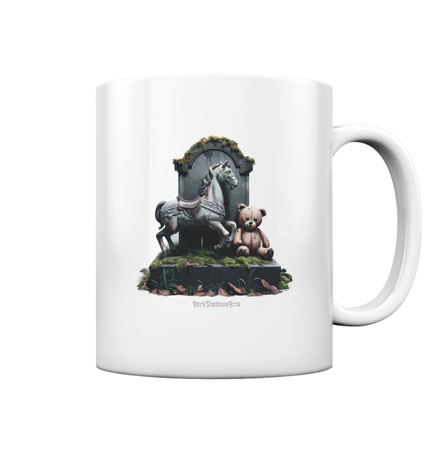 Verwittertes Karussellpferd und Plüschbär - Grabstein im Verfall - Tasse glossy