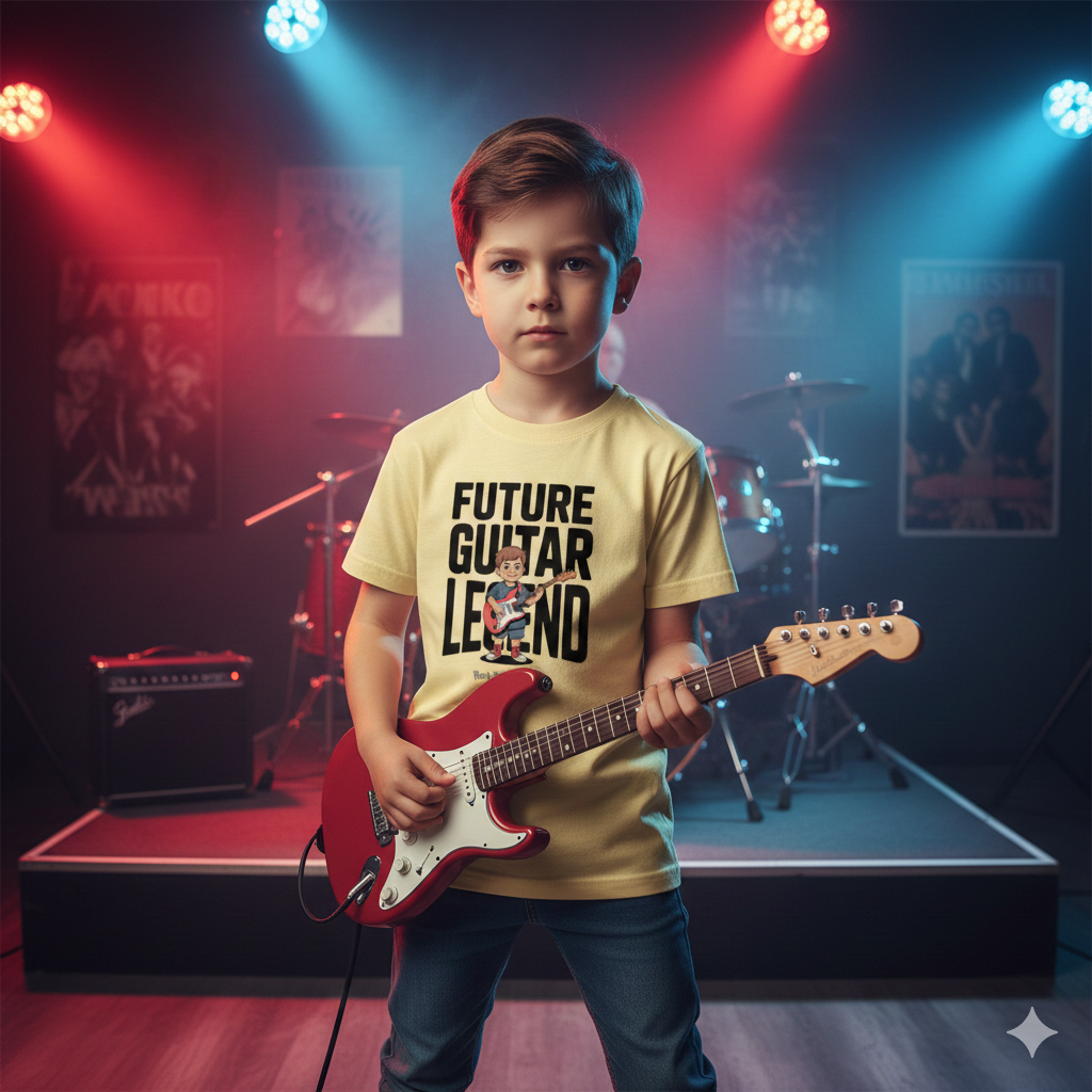 butterfarbendes Kinder T-Shirt mit einem Jungen an der E-Gitarre und dem Schriftzug Future Guitar Legend
