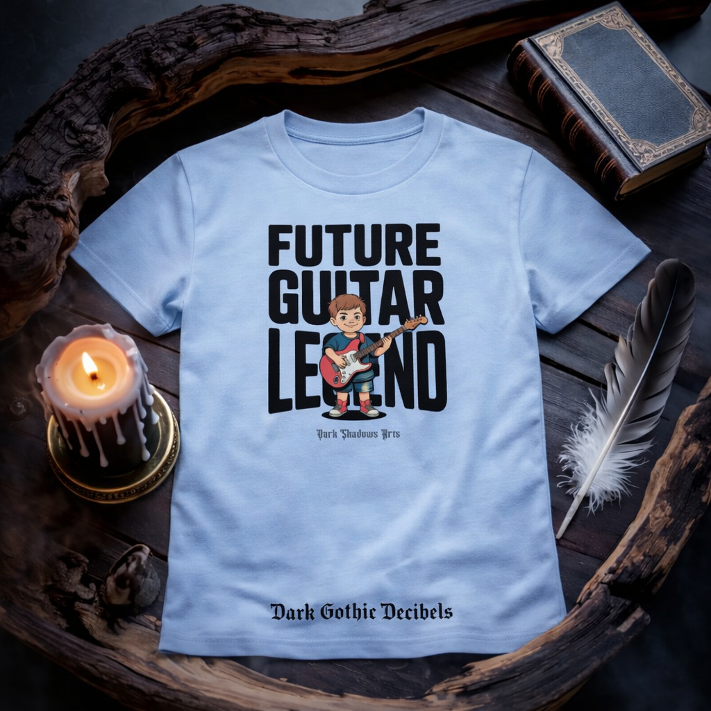 Future Guitar Legend Kinder T-Shirt von Dark Gothic Decibels im düsteren Dark Shadows Arts Mockup mit Kerzenlicht und mystischer Atmosphäre