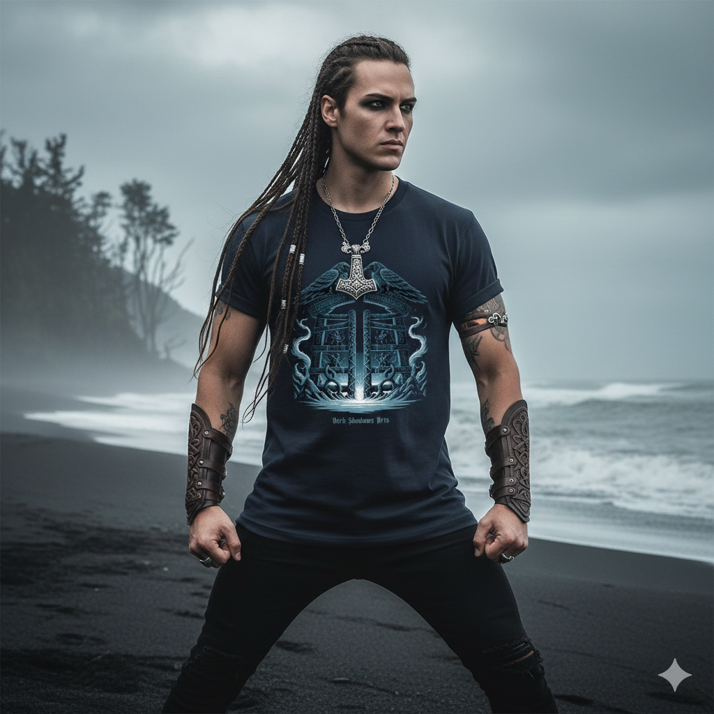 Ein stolz blickendes Goth-Model im Pagan-Look in rauer Natur trägt das "Gates of Valhalla" Premium Classix T-Shirt. Nordische Mythologie und Heritage Mode von Dark Shadows Arts