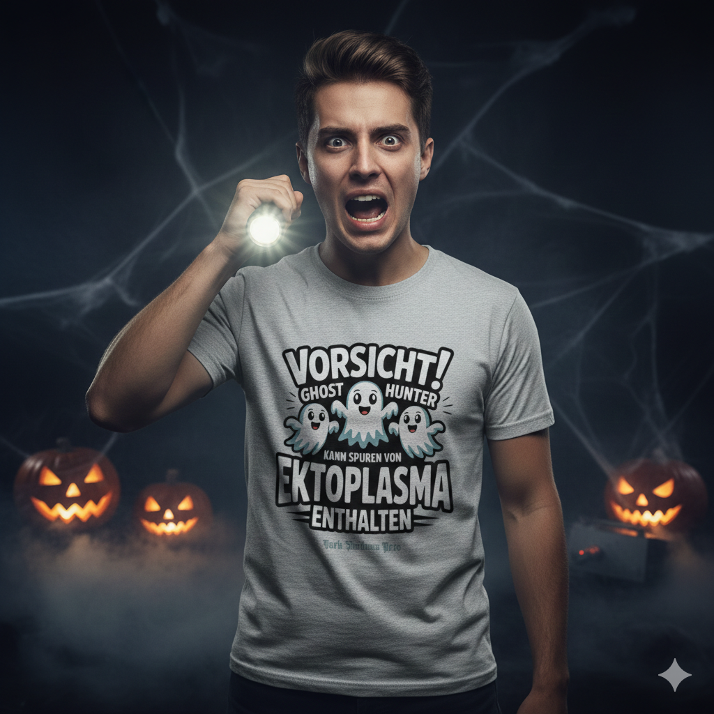 Frontansicht eines grauen T-Shirts mit dem Warnhinweis „Vorsicht! Ghost Hunter – Kann Spuren von Ektoplasma enthalten“ und drei kleinen Geistern