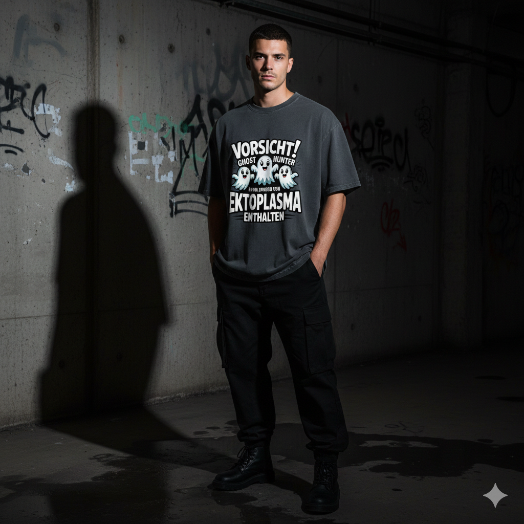 Frontansicht eines massiven schwarzen Oversized Shirts mit dem weißen Warnaufdruck „Vorsicht! Ghost Hunter“ und drei lachenden Geistern.