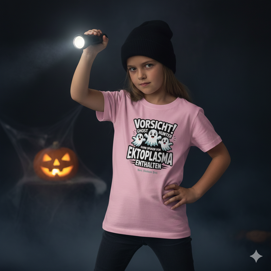 Mädchen in einem schwarzen Bio-Baumwoll-Shirt mit dem Aufdruck „Vorsicht! Ghost Hunter – Kann Spuren von Ektoplasma enthalten