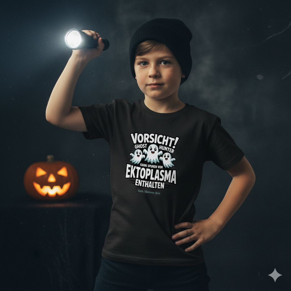 Junge in einem schwarzen Bio-Baumwoll-Shirt mit dem Aufdruck „Vorsicht! Ghost Hunter – Kann Spuren von Ektoplasma enthalten
