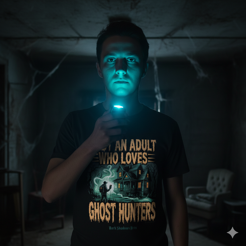 Frontansicht eines schwarzen T-Shirts mit dem Text „Just an Adult Who Loves Ghost Hunters“ und einer Geisterjagd-Szene im Wald