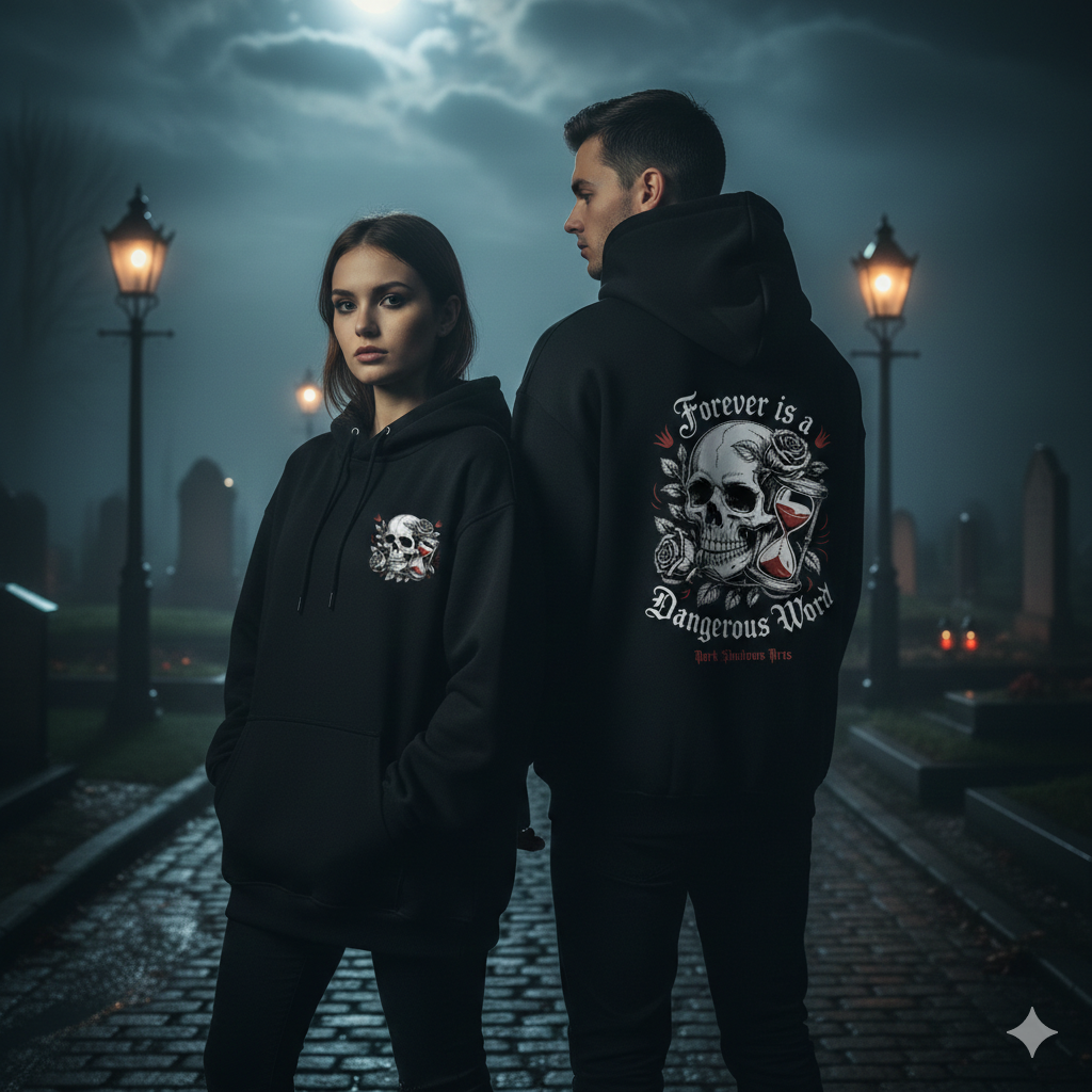 Ein stilvolles Gothic-Paar posiert nachts auf einem nebligen Friedhof. Die Frau vorne trägt einen schwarzen Oversized-Hoodie mit einem kleinen Totenkopf-Rosen-Brustdruck. Der Mann im Hintergrund trägt einen passenden Hoodie mit einem großen, detailreichen Totenkopf-Sanduhr-Rückendruck mit dem Text 'Forever is a Dangerous Word'. Die Szene ist von Gaslaternen und Vollmondlicht beleuchtet