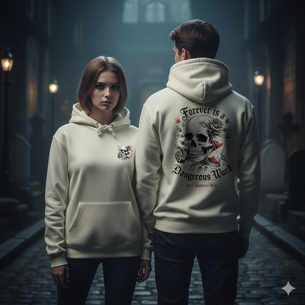 Ein Gothic-Paar bei Nacht auf einem nebligen Friedhof. Die Frau im Off-White Hoodie mit Totenkopf-Brustdesign blickt nach vorne. Der Mann, der ihr den Rücken zukehrt, trägt einen passenden Hoodie mit einem großen Totenkopf-Sanduhr-Rückendruck