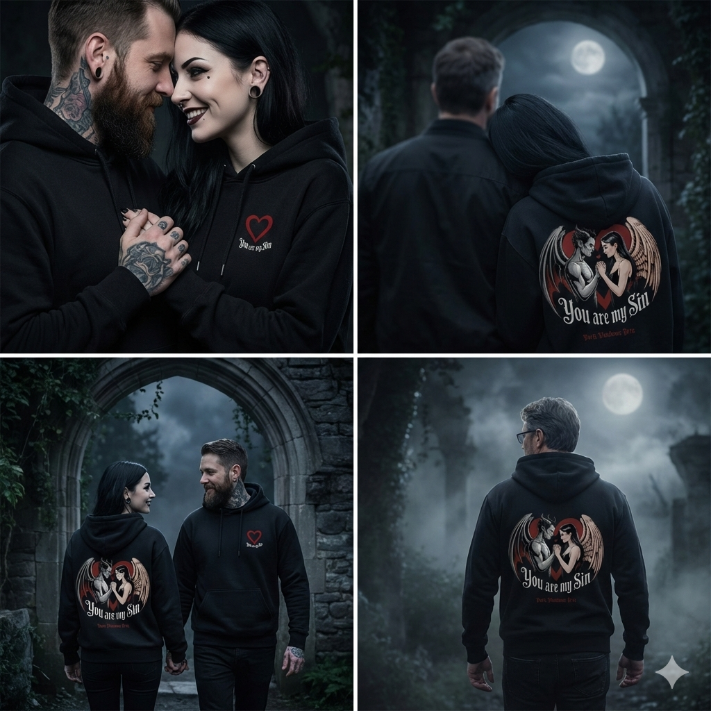 Vierteilige Collage: Ein Gothic-Paar in schwarzen Hoodies mit dem "You are my sin" Engel-und-Teufel-Herz-Design in einer mondbeschienenen Ruine. Die Bilder zeigen Vorder- und Rückansichten, darunter eine Nahaufnahme des Paares, das Händchen hält, das Paar beim Gehen und eine Rückansicht des Mannes allein