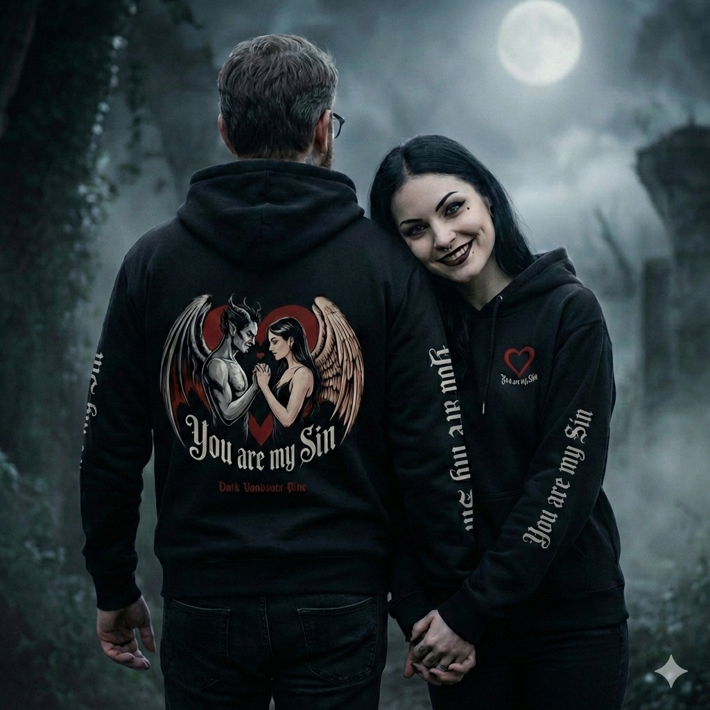 Gothic-Paar in mondbeschienener Ruine, trägt schwarze Hoodies mit "You are my sin" Front-, Rücken- und kleinem Ärmeldruck