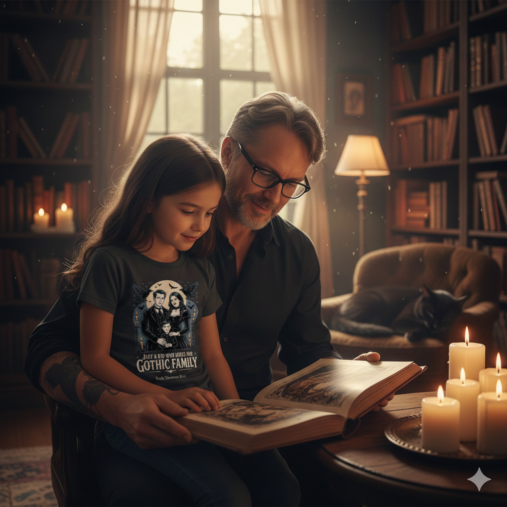 Schwarzes Kinder T-Shirt mit dem Aufdruck Just a Kid Who Loves Our Gothic Family im viktorianischen Stil