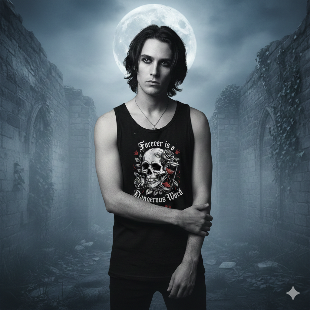 Ein junger Gothic-Mann im schwarzen Tanktop mit Totenkopf-Motiv blickt melancholisch in die Kamera. Im Hintergrund eine neblige Ruine und ein großer Vollmond