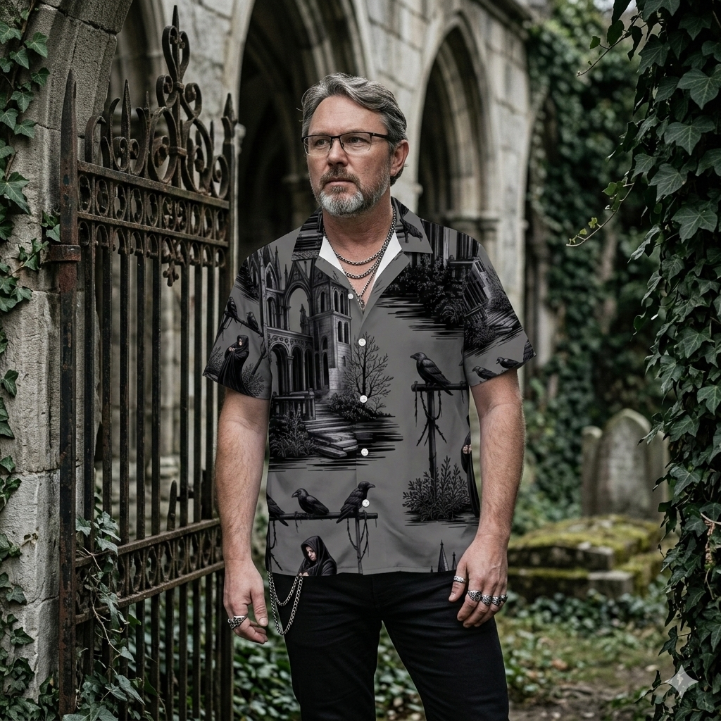 Handgenähtes Gothic Hawaii-Hemd für Herren im Toile-de-Jouy-Stil mit Ruinen- und Raben-Motiven, Frontansicht mit Reverskragen.