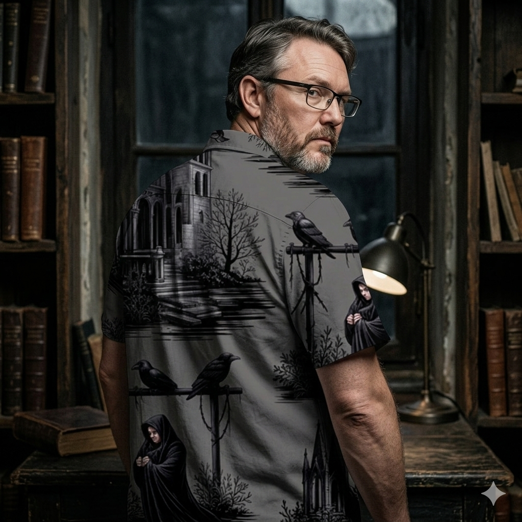 Rückansicht des Alloverprint Hawaii-Hemds von Dark Shadows Arts, zeigt das detaillierte schwarze Muster mit galgenbewehrten Hügeln und fliegenden Raben auf anthrazitfarbenem Grund.